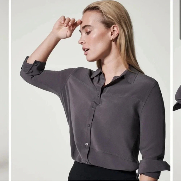 SPANX Tops - Spanx Low Maintenance Silk Button Down in Gray Size XS